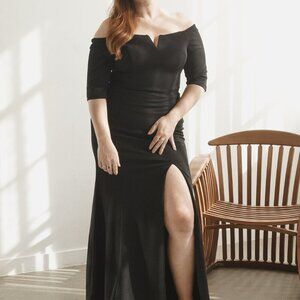 BHLDN BLACK CREPE OFF THE SHOULDER SIDE SLIT EVENING FORMAL DRESS - 14